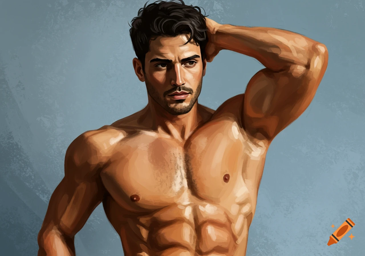 Digital painting of a muscular man with dark hair and beard, shirtless, with one arm raised behind his head.