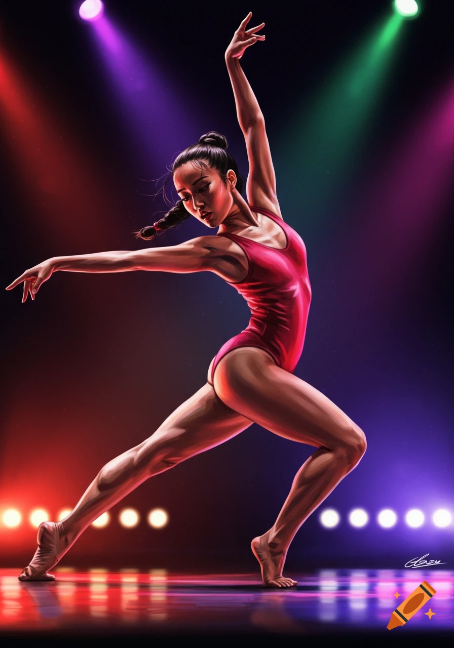 A stylized illustration of a dancer in a red leotard striking a pose on a stage under bright, colorful spotlights.