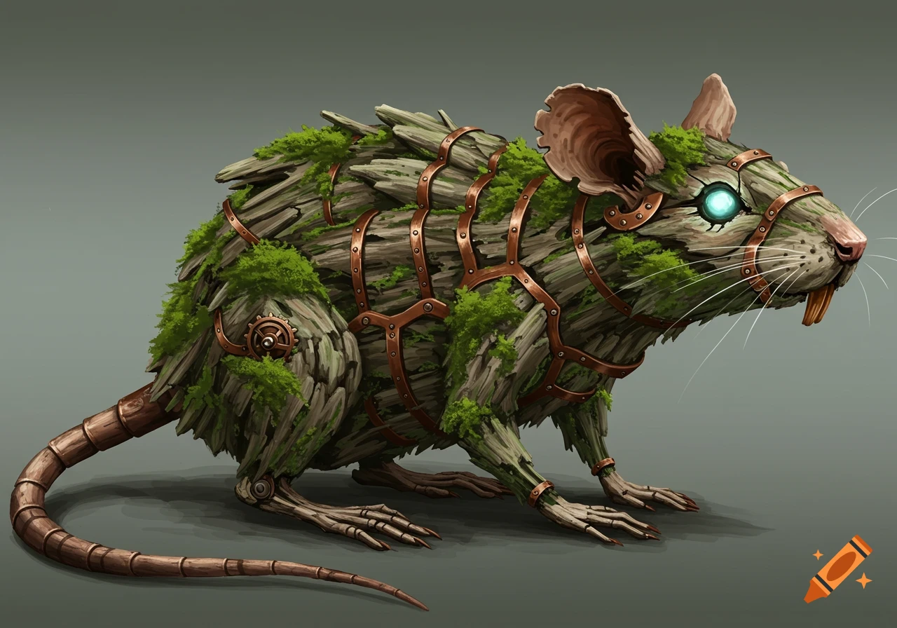 A detailed illustration of a biomechanical rat made of weathered wood and green moss, with copper straps and a glowing blue eye, on a grey background.