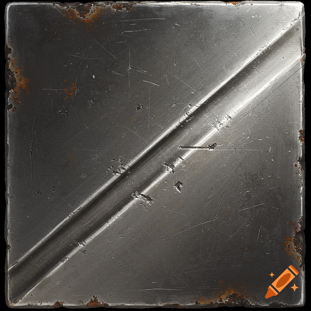 A dark, scratched, and rusted metal texture with a diagonal raised strip and areas of orange rust.