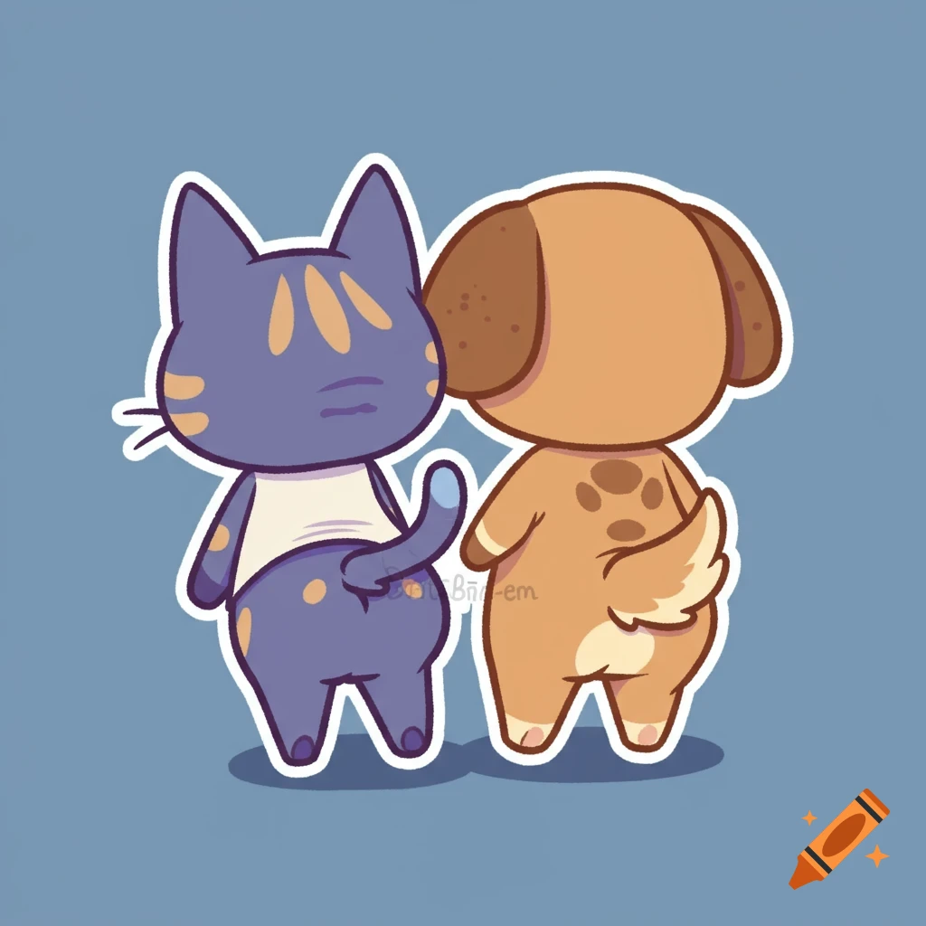 Two cute Animal Crossing style cartoon characters, a purple cat and a brown dog, stand backs to viewer with behinds touching, on a blue background, styled as a sticker.