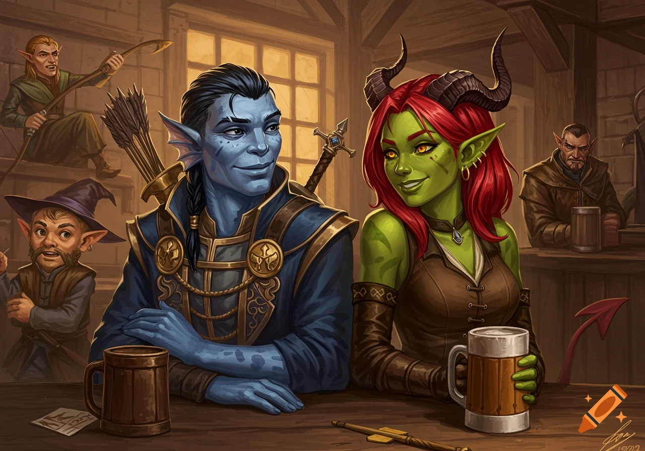 A male blue grung and female green tiefling with red hair sit smiling at a tavern table with other fantasy characters in the background.