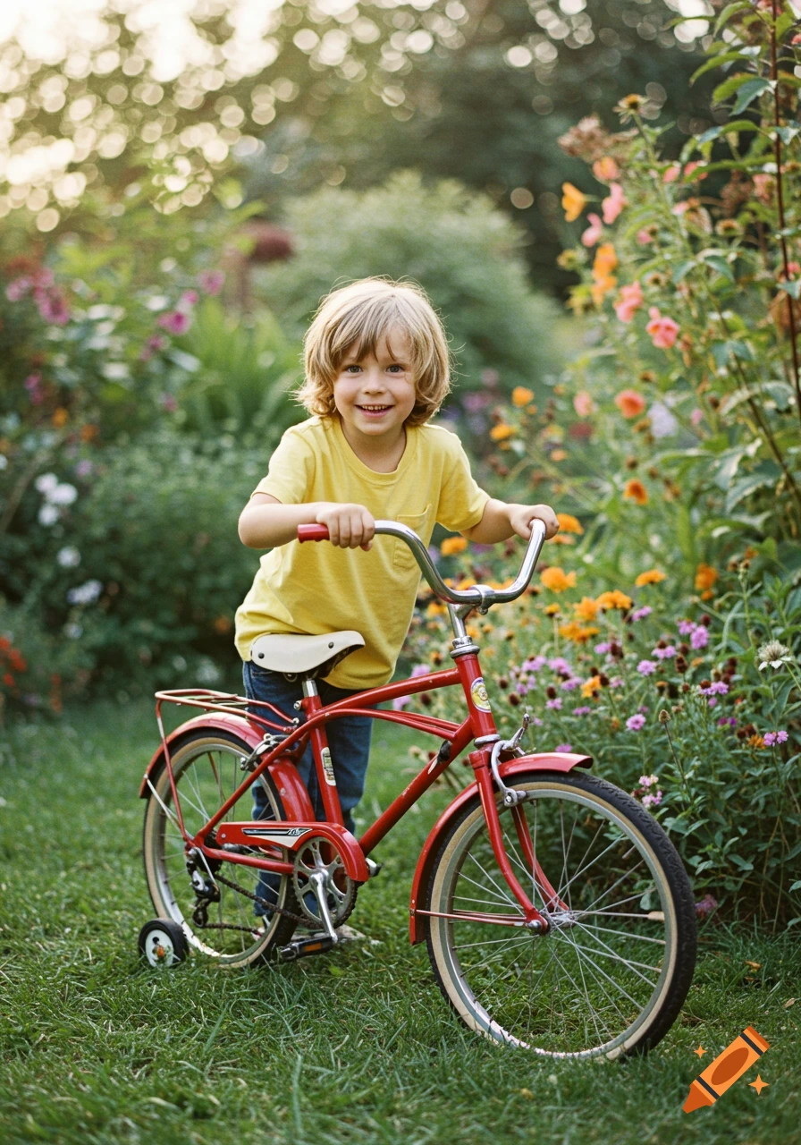 A smiling young boy with blond hair in a yellow shirt and jeans stands with a red bicycle with training wheels in a lush garden.