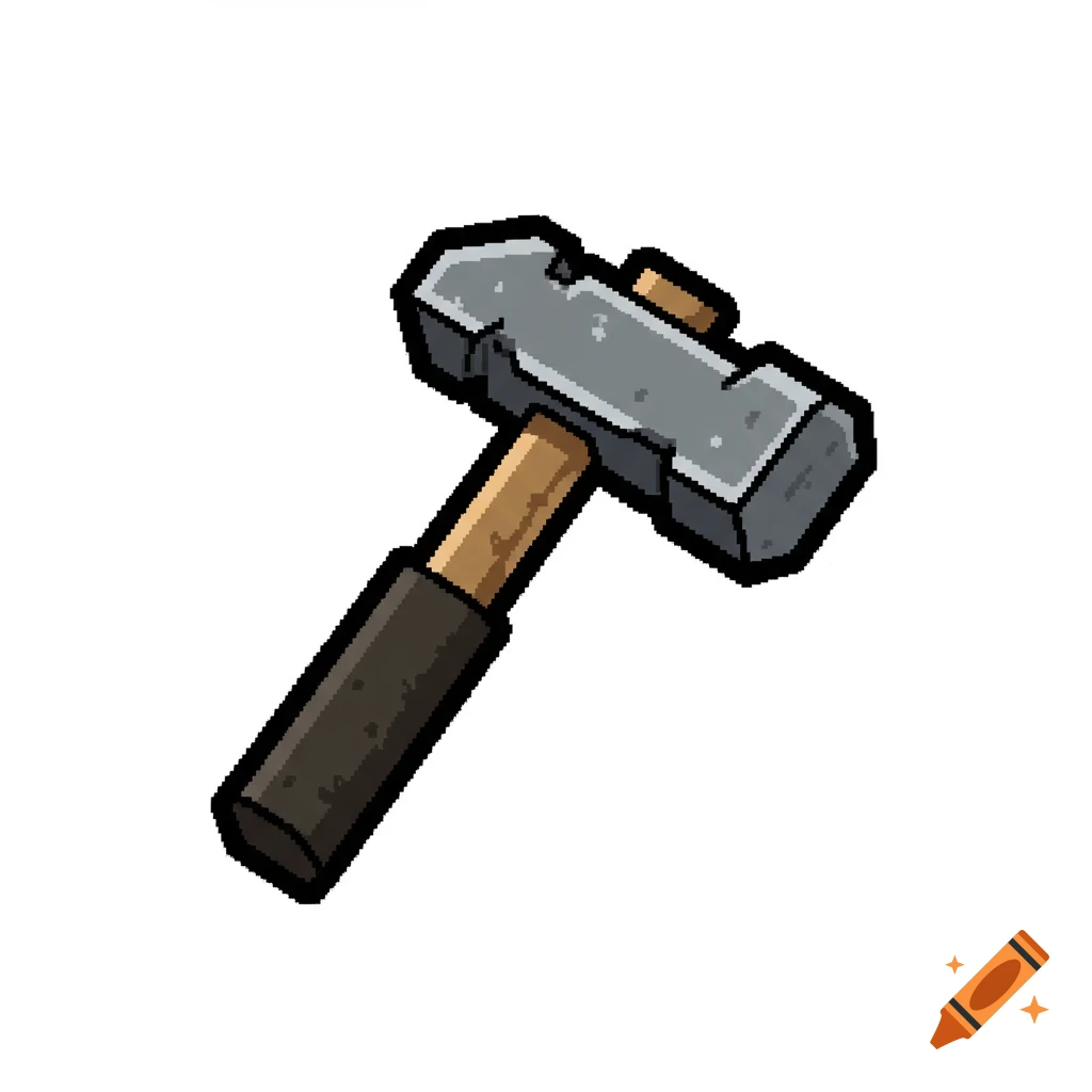 A pixel art illustration of a grey hammer with a wooden handle and black grip.