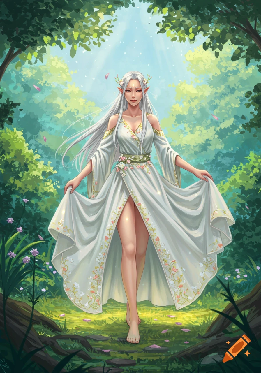 An elf woman with long white hair in a white flowing dress stands ...