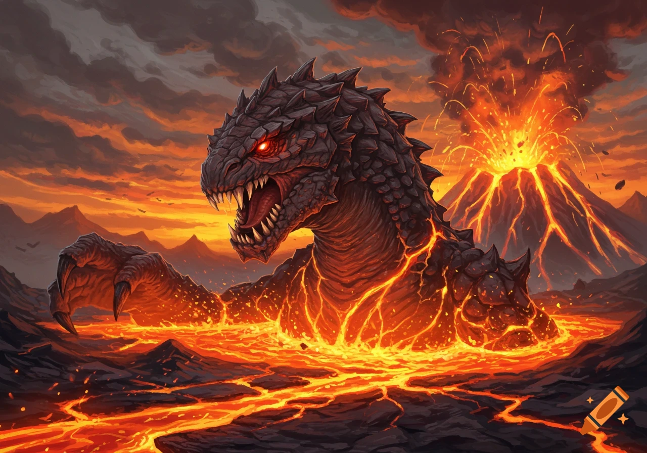 A formidable dark scaly monster with glowing red eyes emerges from a molten lava pit as a volcano erupts in the background, digital art.