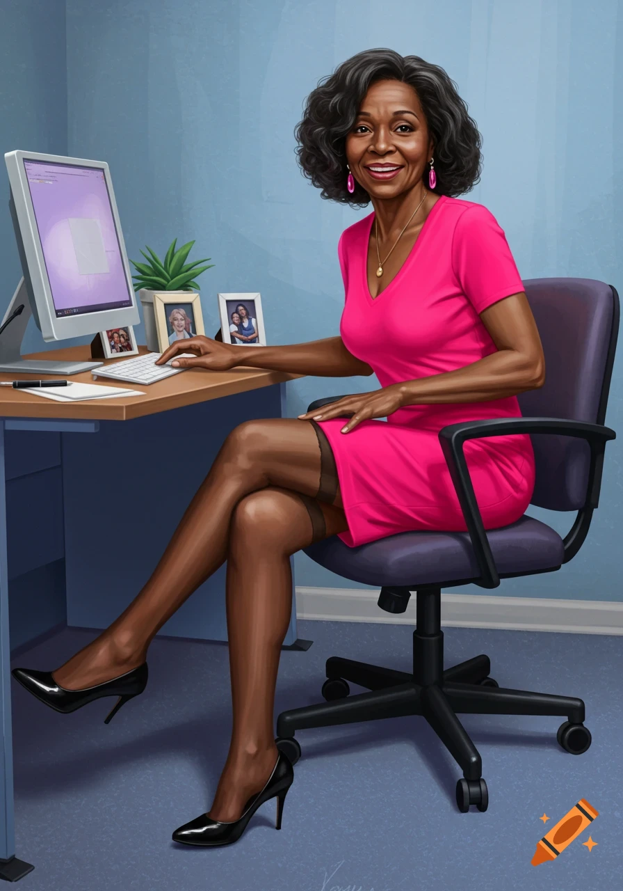 Smiling elderly African American woman at a computer desk, wearing a pink dress, black pantyhose, and high heels. Digital art.