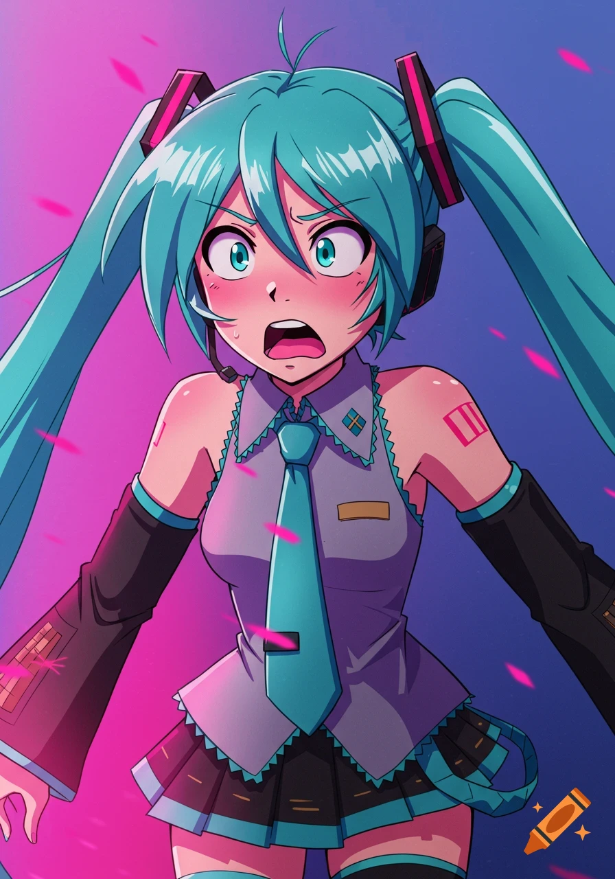 Anime style portrait of Hatsune Miku with teal pigtails and headphones, wearing a uniform, looking shocked against a pink background.
