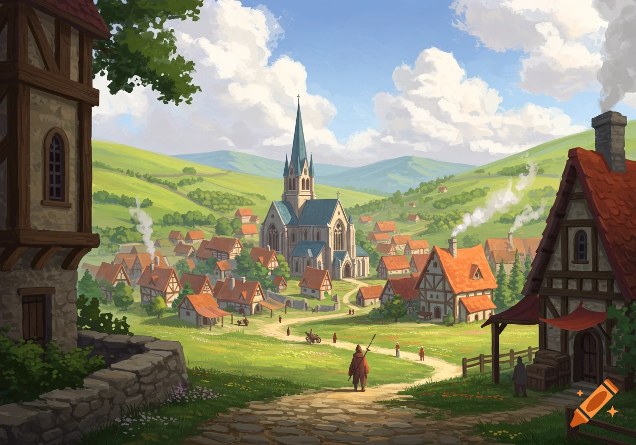 A colorful illustration of a medieval village nestled in green rolling hills under a blue sky, with a large church at its center.