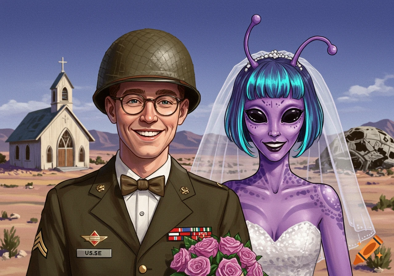 A smiling 1950s American soldier in a helmet and glasses marries a purple alien woman with blue hair in a bridal gown, in a desert with a church and crashed spaceship.