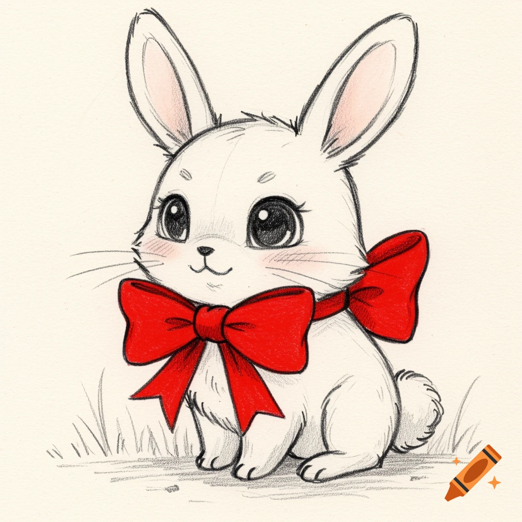 A charming pencil drawing of a cute white bunny with a large red bow around its neck, sitting on grass.