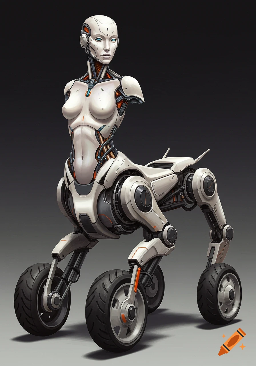 A detailed, futuristic female android with a white robotic torso and a wheeled lower body, resembling a centaur.