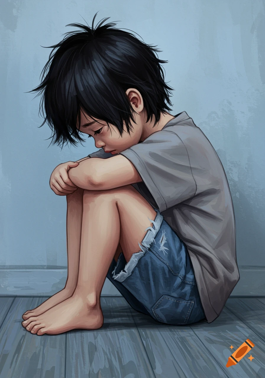 A sad boy with dark hair sits on a wooden floor, hugging his knees, looking down. Digital illustration.