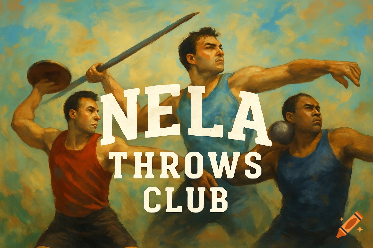 Three male athletes in a painterly style, one with a discus, one with a javelin, and one with a shotput, with 'NELA THROWS CLUB' text.