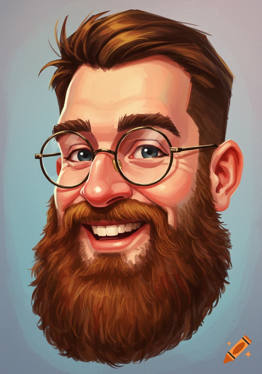 A smiling man with short brown hair, round glasses, and a big bushy brown beard, depicted in a vibrant cartoon style.
