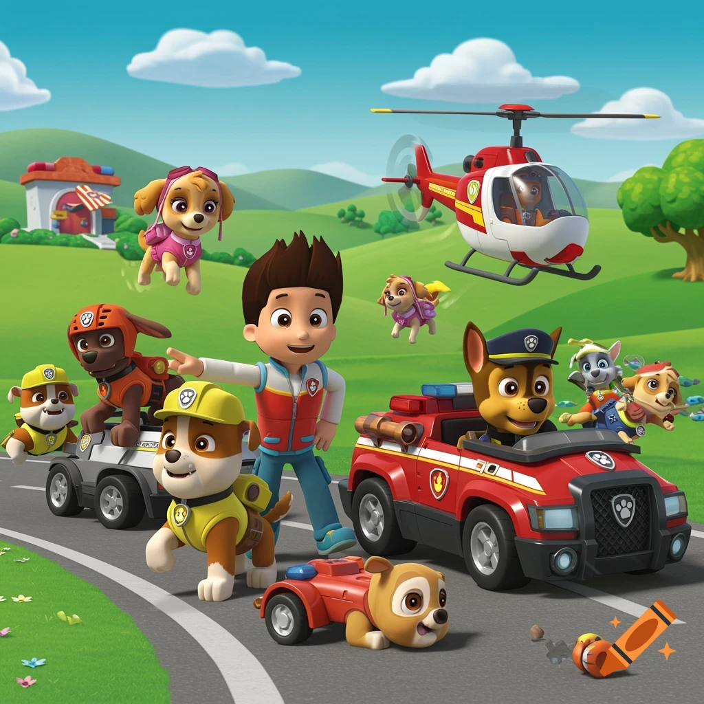 Ryder and multiple Paw Patrol dogs, including Chase in a police truck and Skye in a helicopter, stand with their rescue vehicles on a road in a green, hilly landscape.