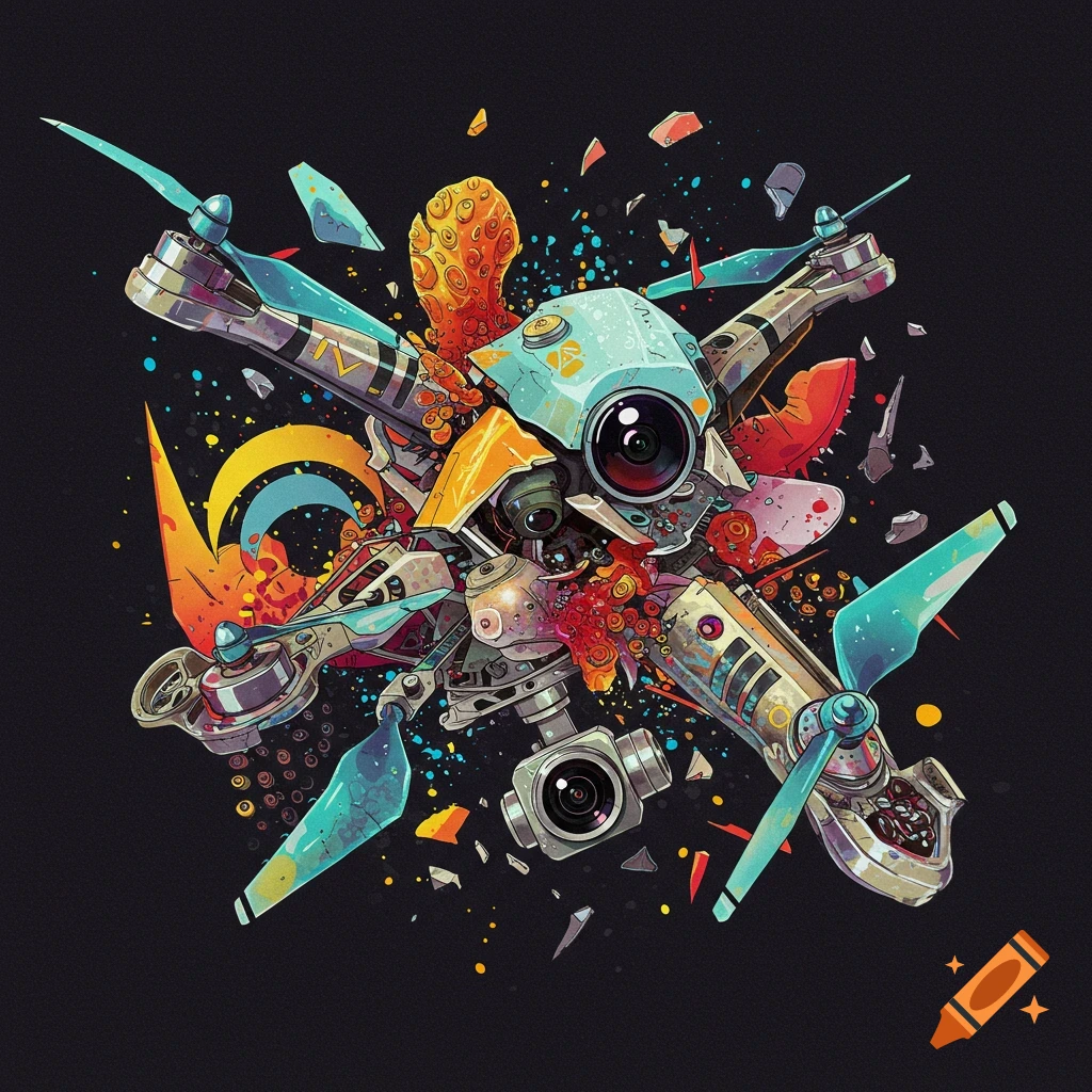 Colorful, deconstructed drone parts with paint splatters against a dark background in a vibrant, illustrative style.