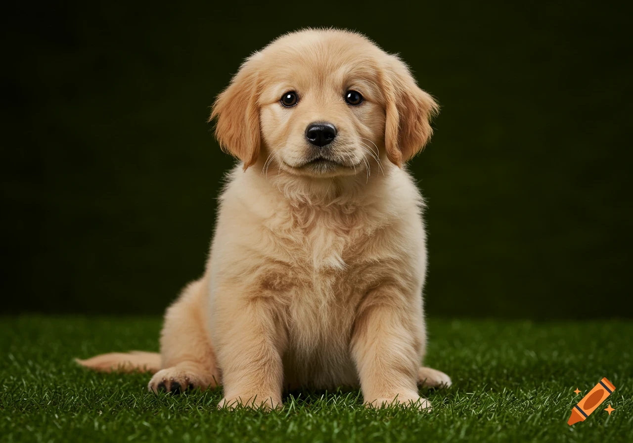 A photorealistic golden retriever puppy sits on green grass against a dark background.