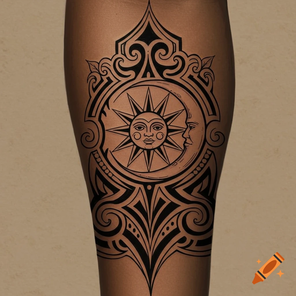 A detailed black tribal tattoo featuring a sun with a face and a crescent moon, on a person's limb.