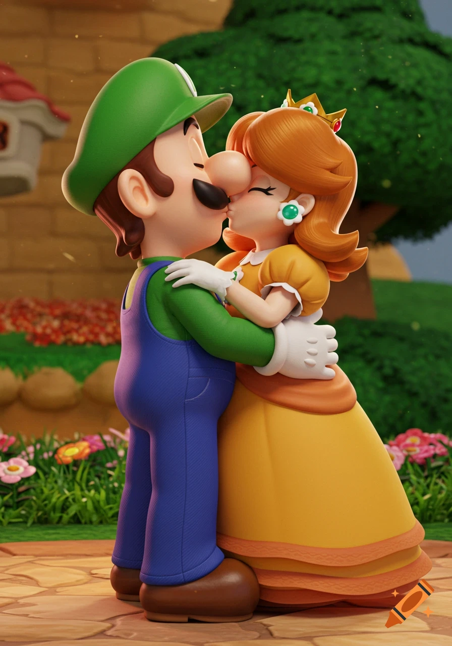 Luigi and Princess Daisy from Super Mario kissing in a vibrant outdoor setting, rendered in 3D.