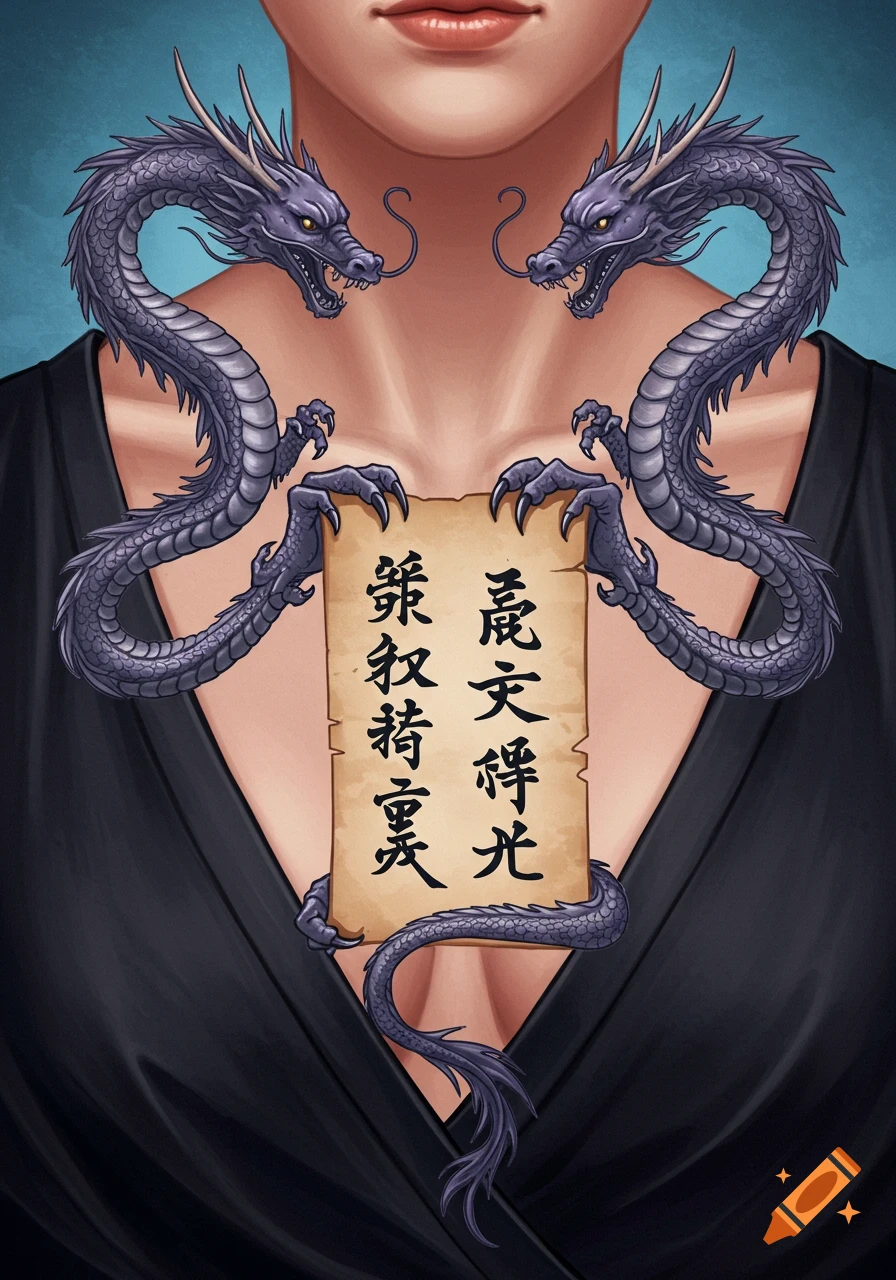 Close-up of a person's chest with two stylized purple dragons symmetrically holding a scroll with Chinese characters.
