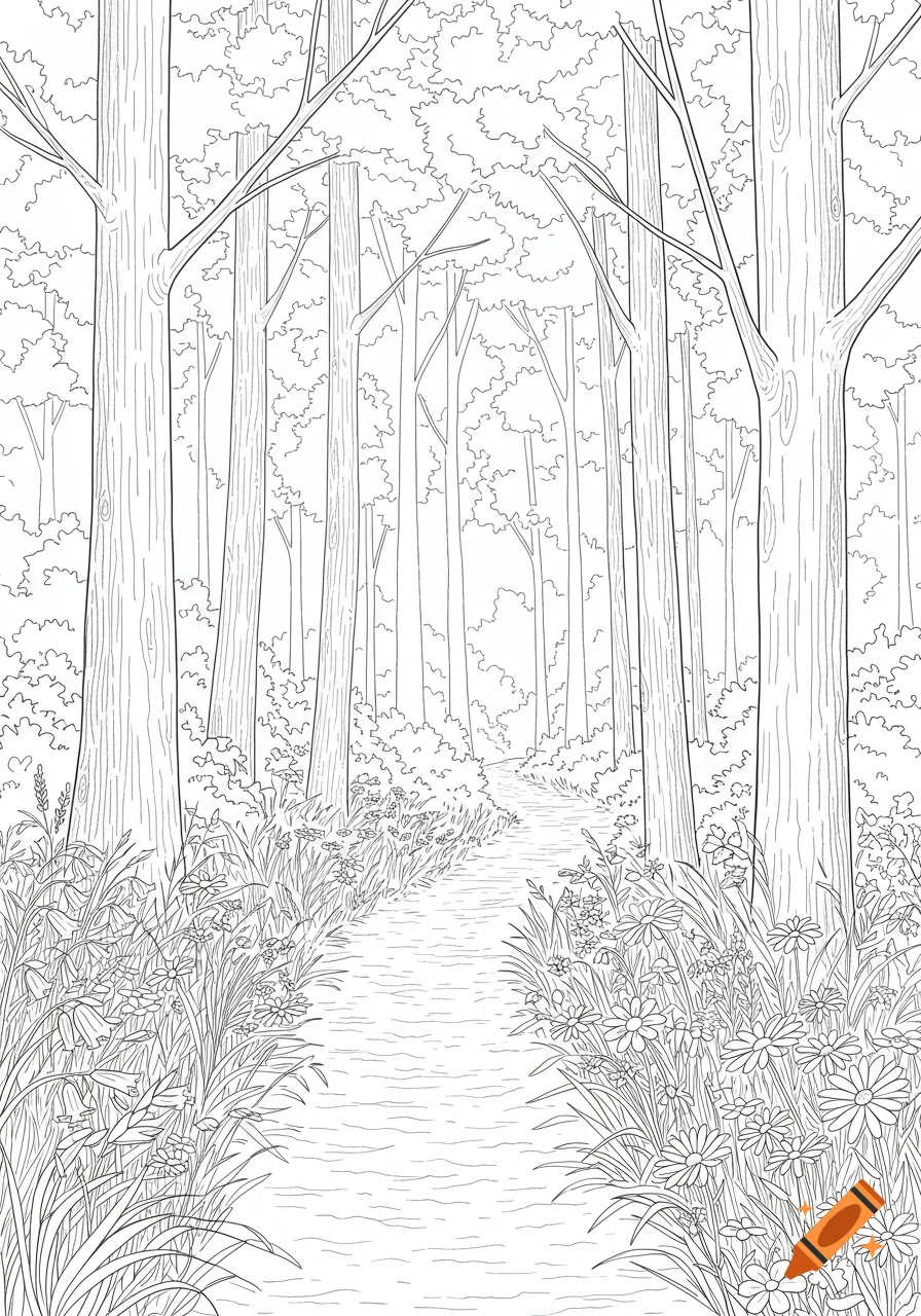 A detailed line drawing of a forest path winding through tall trees and wildflowers, suitable for a coloring book.