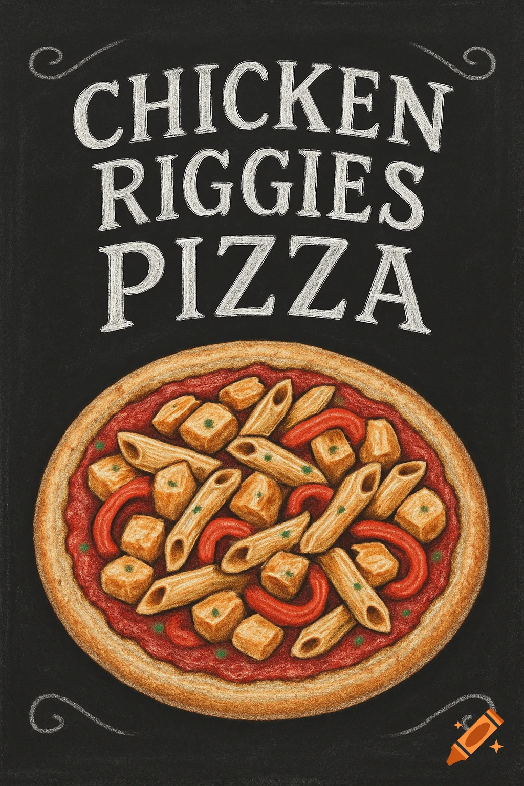 Chalkboard art of a chicken riggies pizza with penne pasta and red peppers on a dark background.