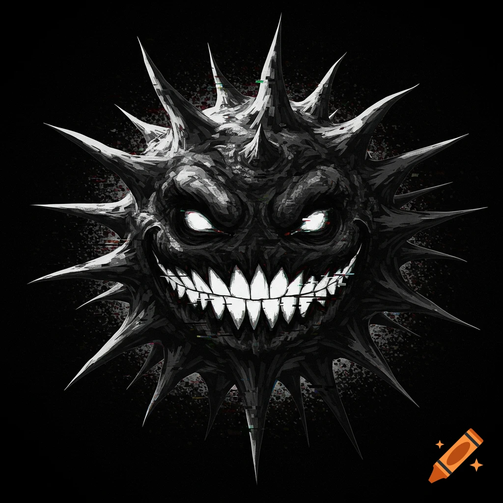 A scary, spiky, dark cyber virus with glowing eyes and a wide, toothy grin, rendered in high-contrast black and white with glitch effects.