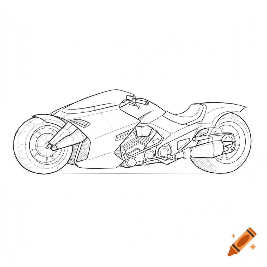 A simple black and white line art sketch of a sleek, futuristic motorcycle, resembling the Batcycle.