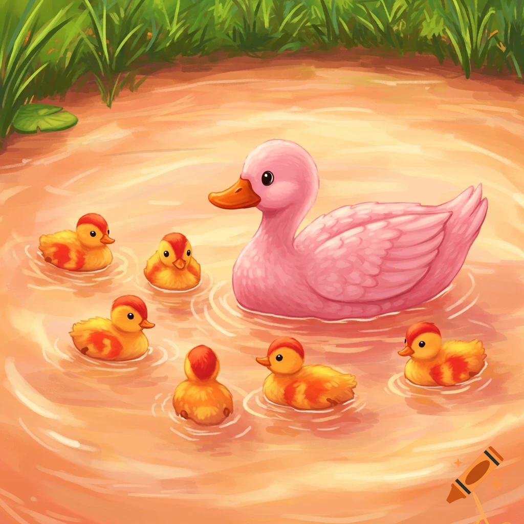 A pink momma duck swims with six orange and red ducklings in peachy water, surrounded by green grass. Illustrated style.