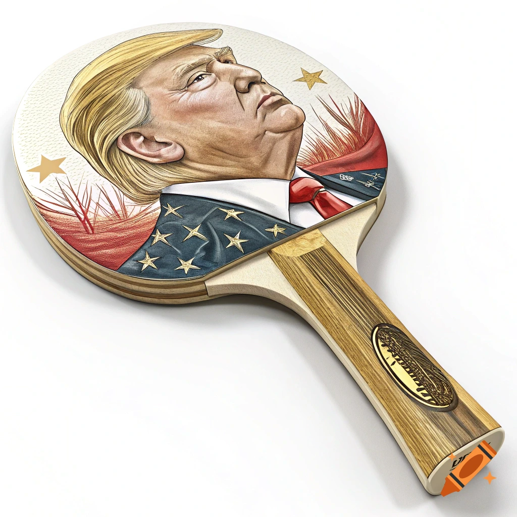 A detailed caricature of Donald Trump's face on a table tennis bat, with a suit and American flag details, and a golden handle.