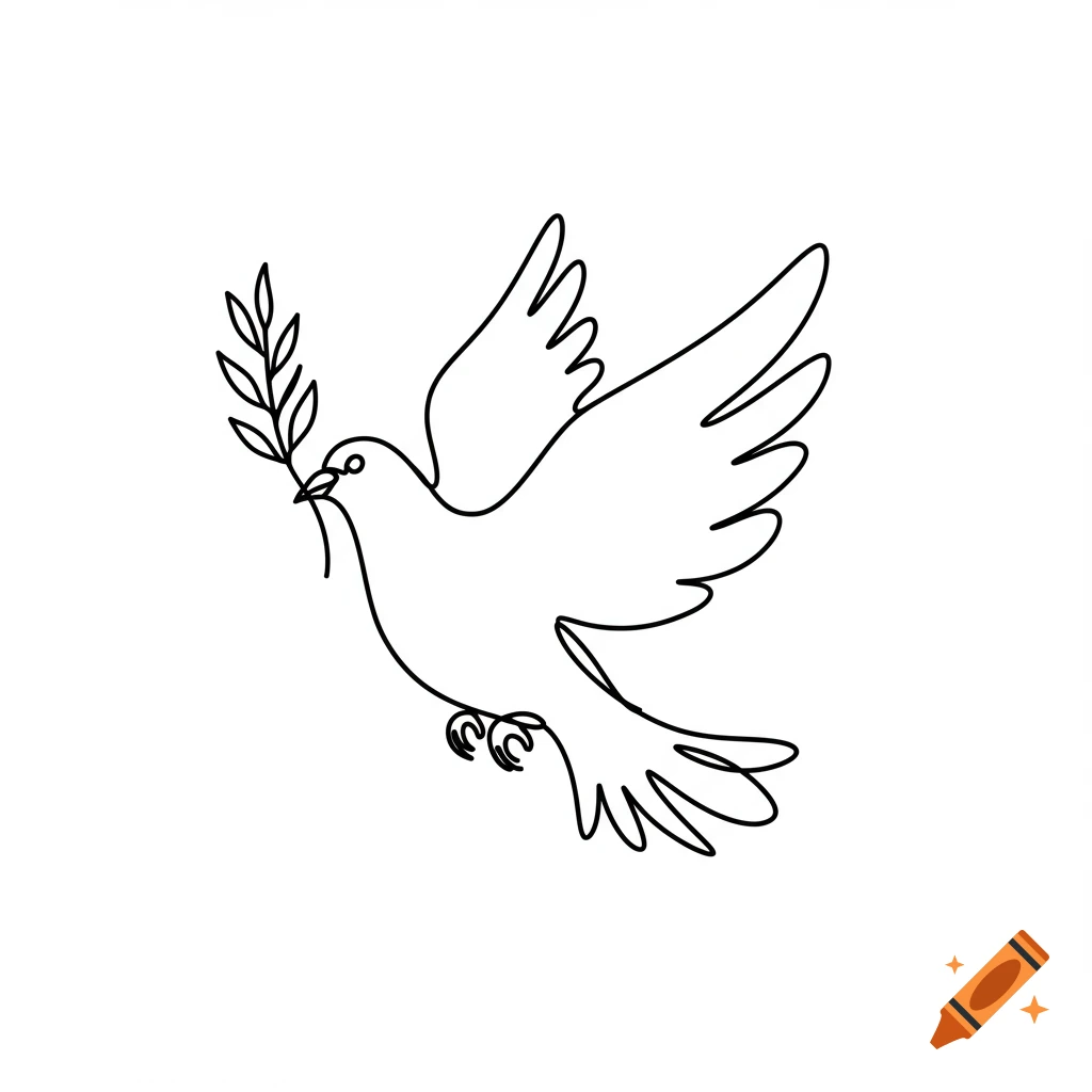 A minimalist, single-line drawing of a dove in flight, holding an olive branch in its beak on a white background.
