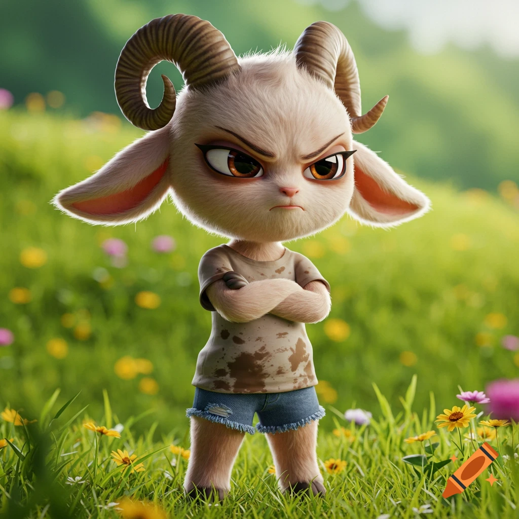 A grumpy anthropomorphic goat girl with big horns and fluffy fur stands with crossed arms in a grassy field, rendered in a CGI style.