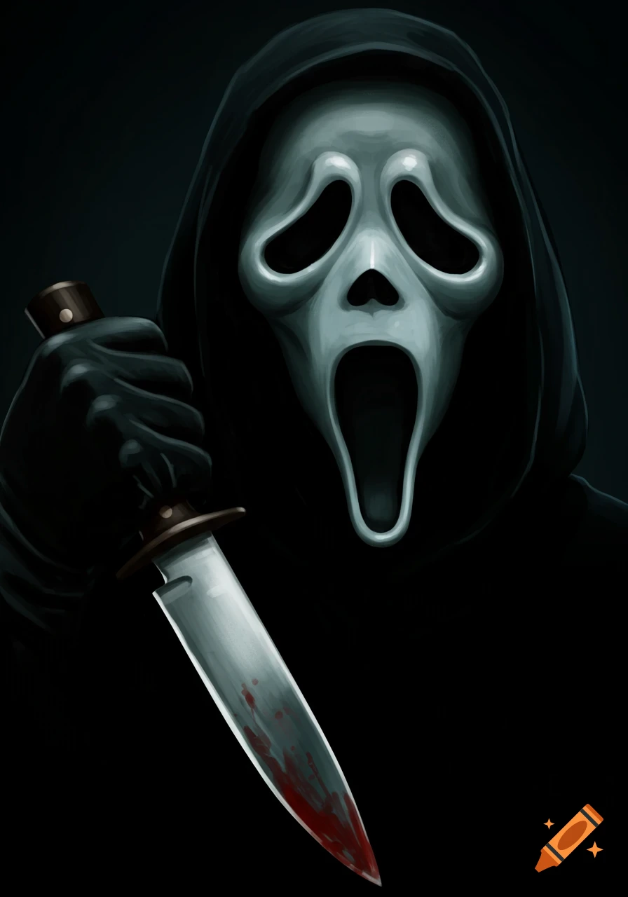 Ghostface from Scream in a black hooded robe, holding a bloody knife, depicted in a dark, stylized horror art style.