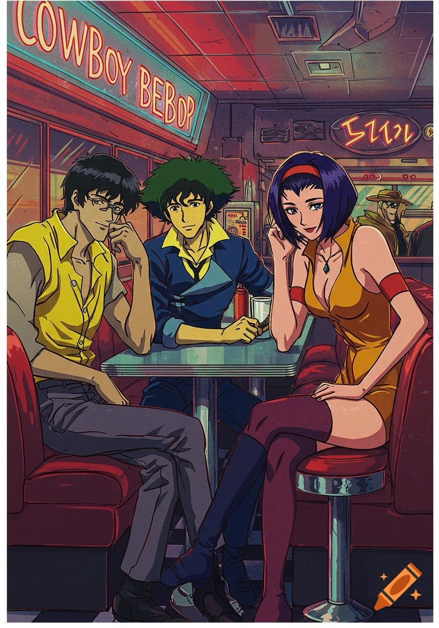 Three anime characters, Spike, Jet, and Faye, sit at a table in a retro diner, with a neon 'COWBOY BEBOP' sign above them.