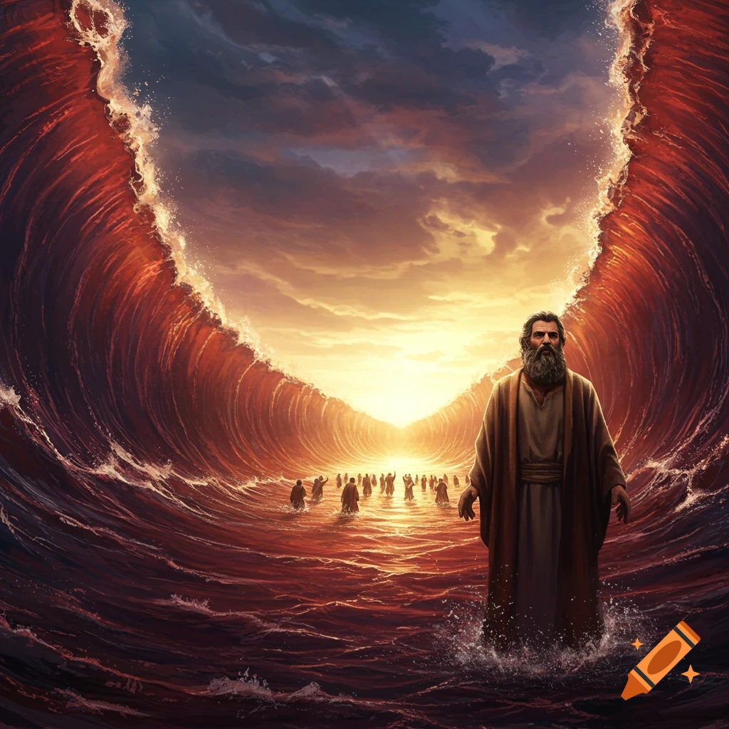 Moses stands in the middle of the Red Sea as massive waves part on either side under a dramatic sunset, with people following behind him.
