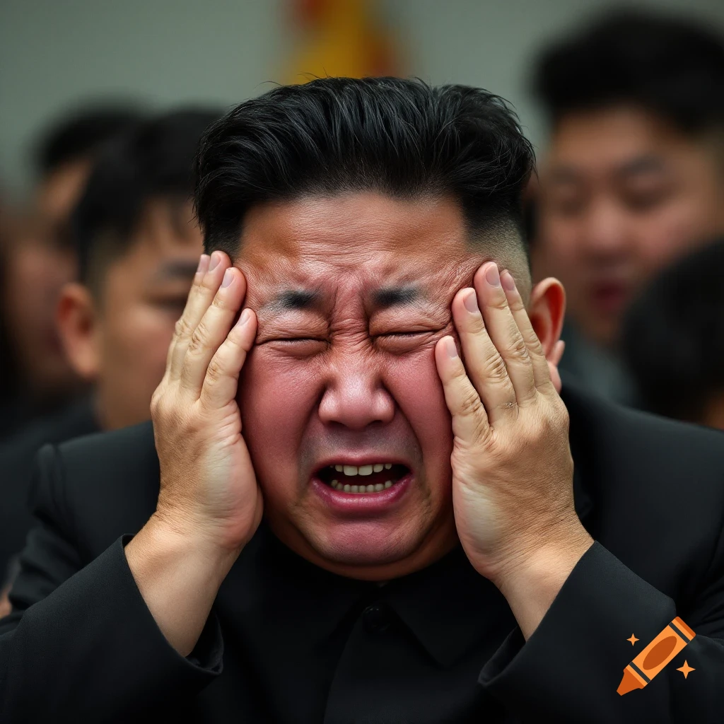 Close-up photorealistic portrait of Kim Jong Un with eyes closed and hands on his face, appearing to cry or be in distress.