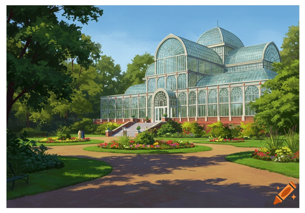 An illustrative scene of a grand glass greenhouse, similar to the Crystal Palace, surrounded by lush green trees, garden paths, and colorful flower beds under a clear blue sky.