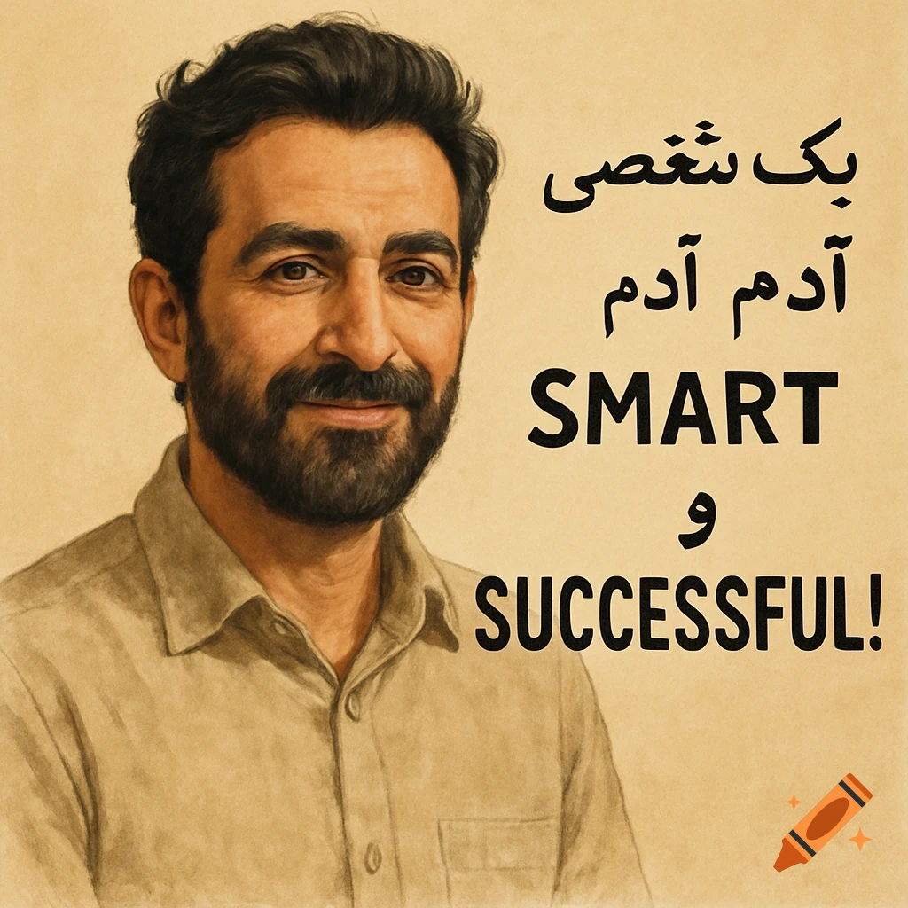 A smiling bearded man in a tan shirt, next to Persian and English text that translates to 'A smart and successful person'.