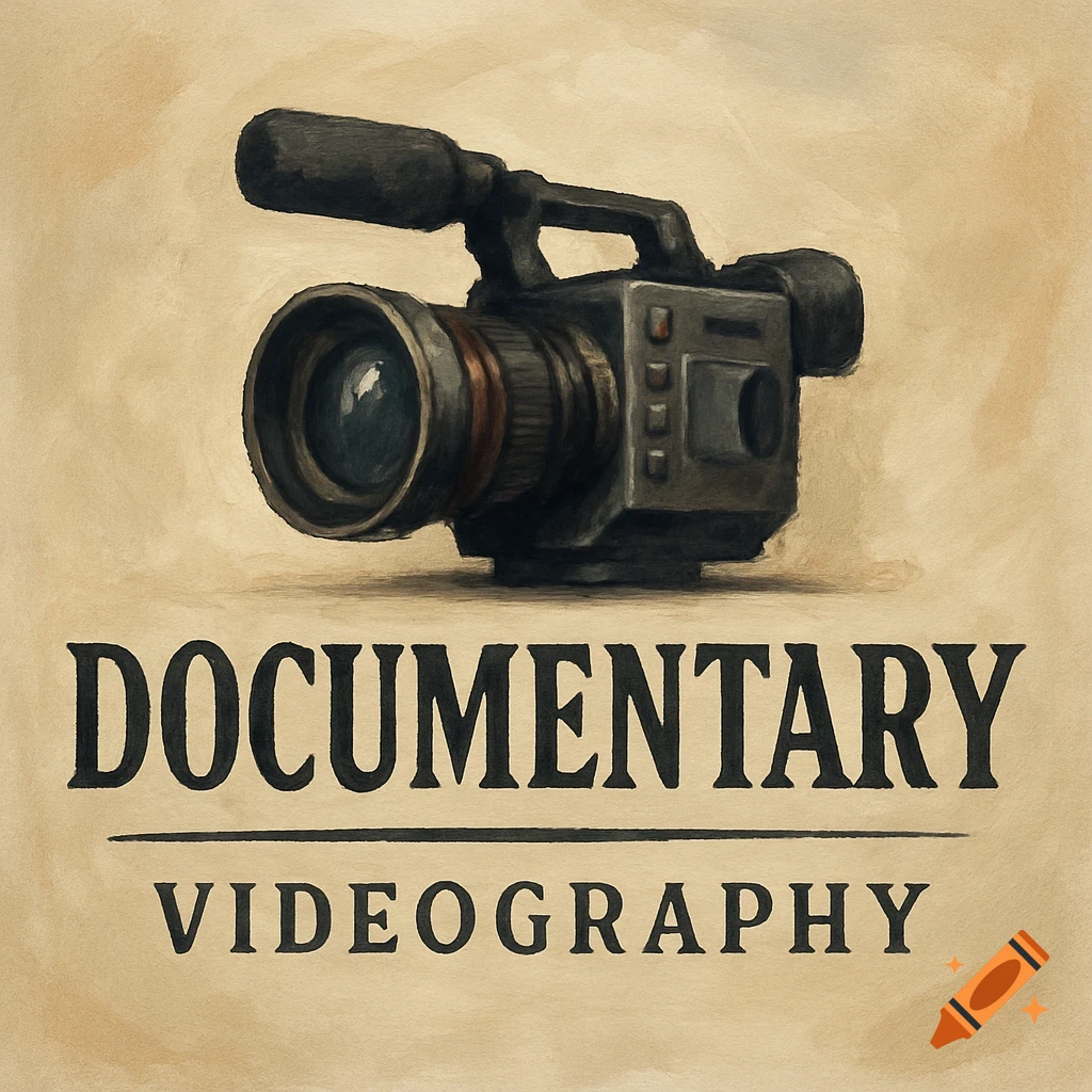 A vintage-style logo featuring an old-fashioned video camera above the words "DOCUMENTARY VIDEOGRAPHY" on a beige background.