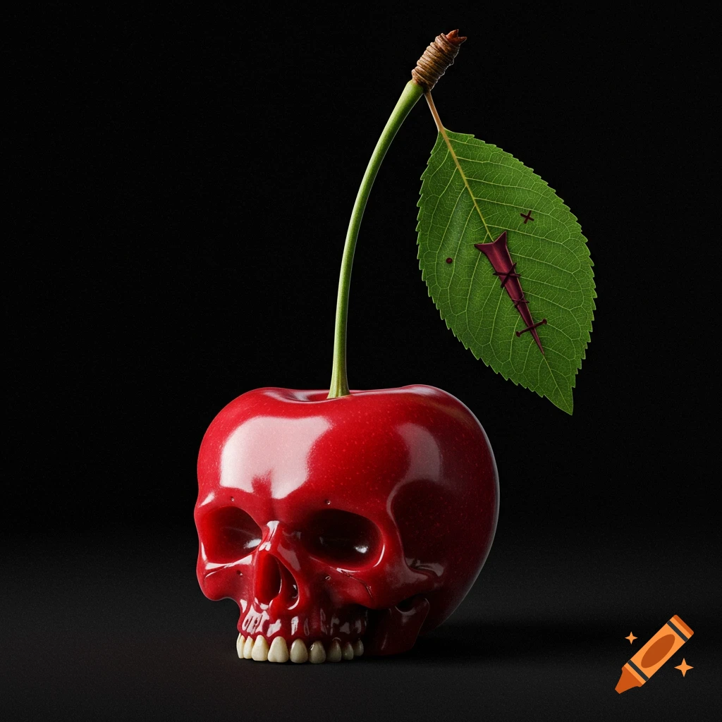 A photorealistic red cherry in the shape of a skull with a stem and a green leaf branded with a dark hex symbol.