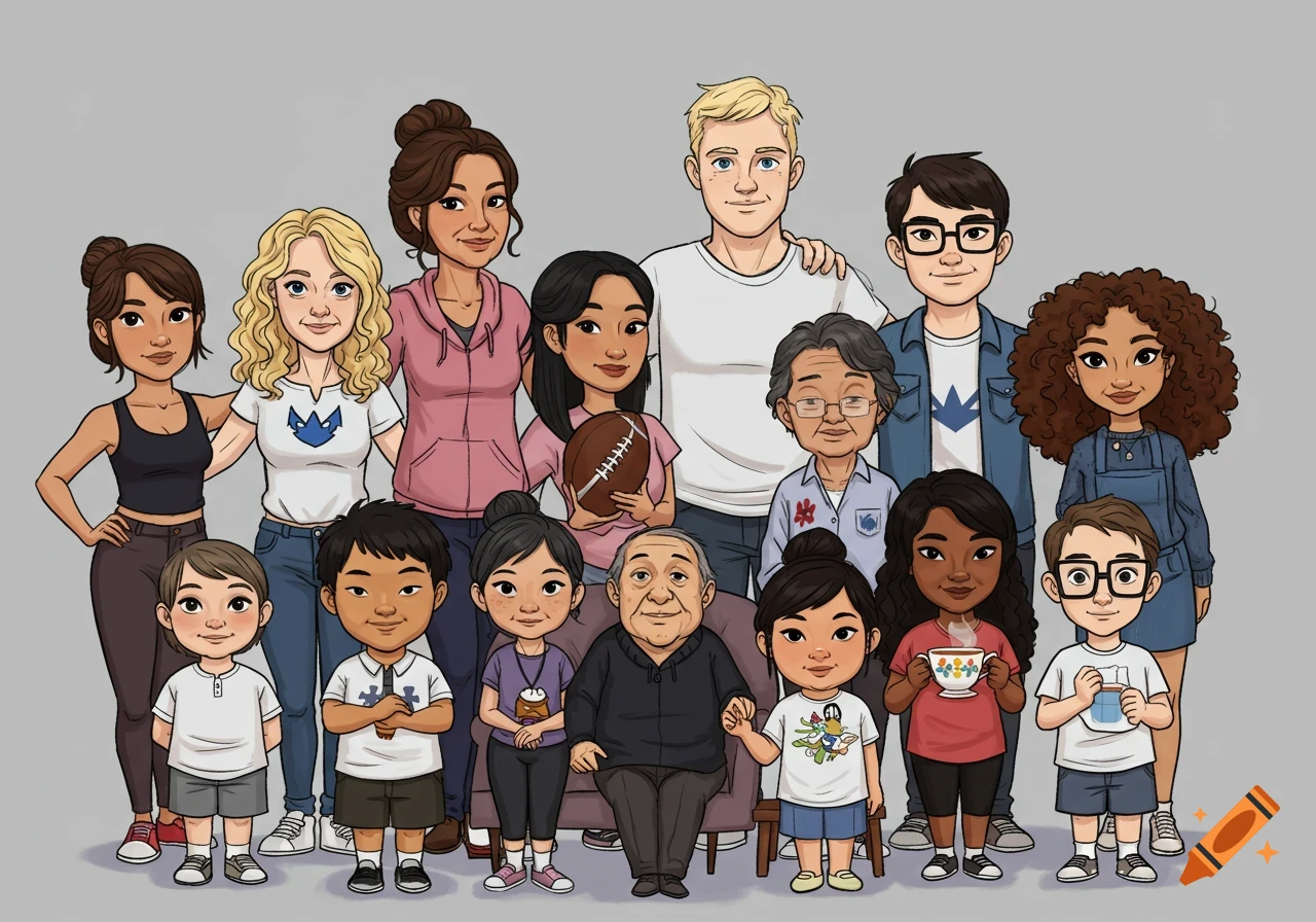 A large cartoon family group portrait with members of various ages, genders, and ethnicities posing together.