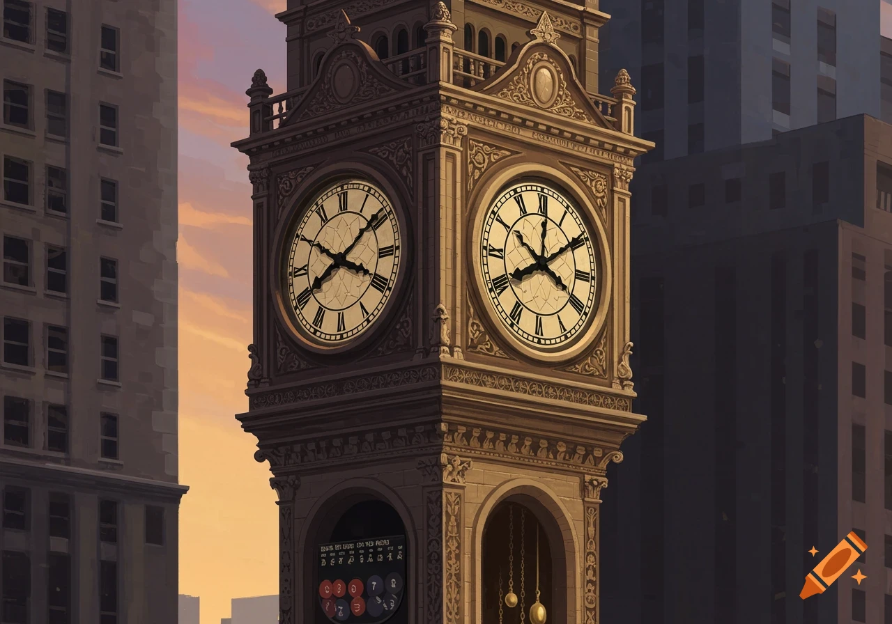 A tall, ornate clock tower with two faces showing Roman numerals, set against a sunset sky in a city.