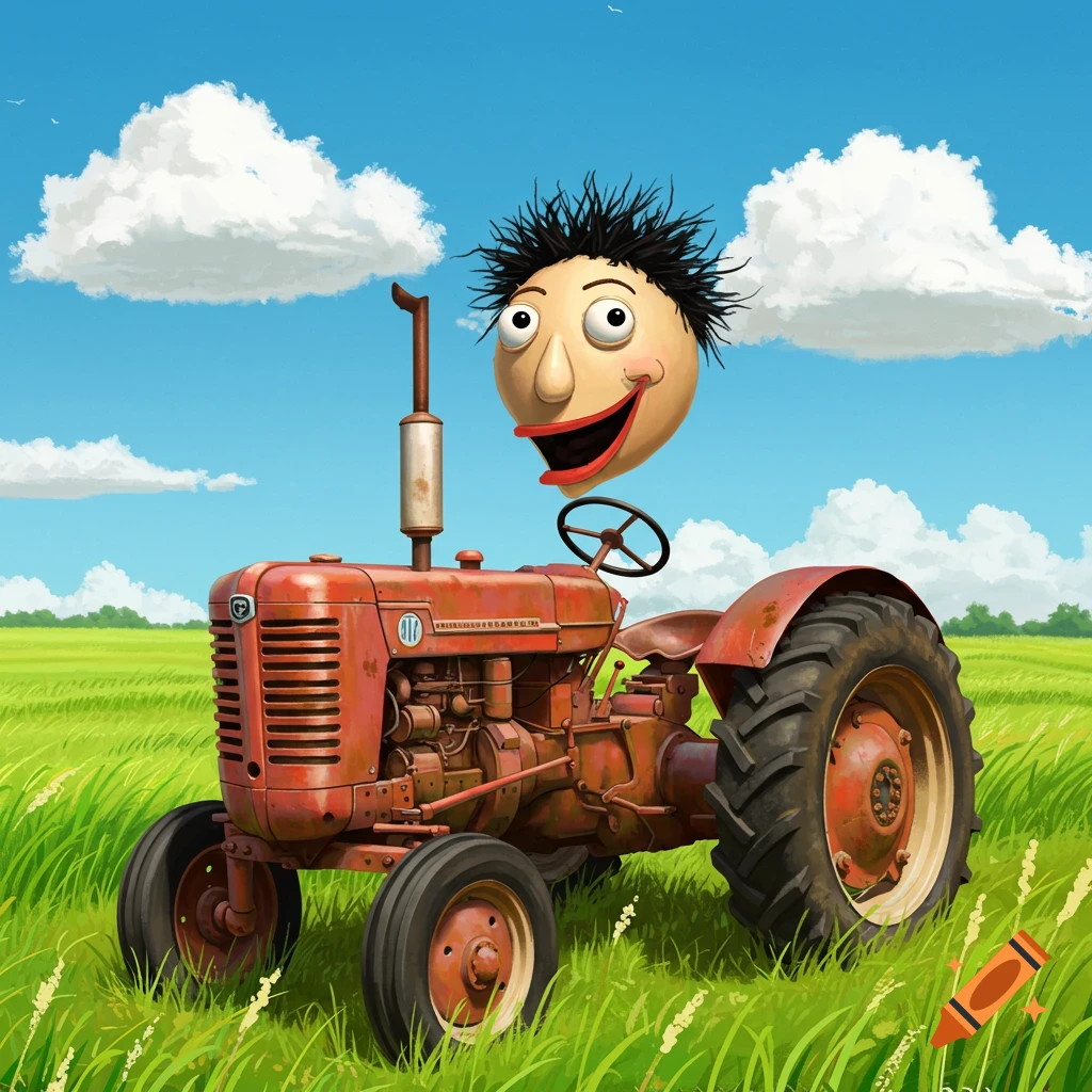 Cartoon Baldi head on a red tractor in a vibrant green field under a blue sky.