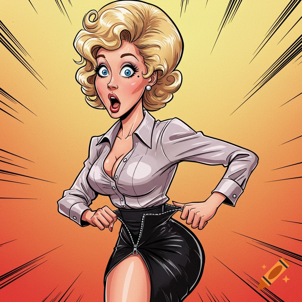 A surprised blonde woman in a cartoon style, wearing a white shirt and unzipped black leather skirt, pulling on the skirt.