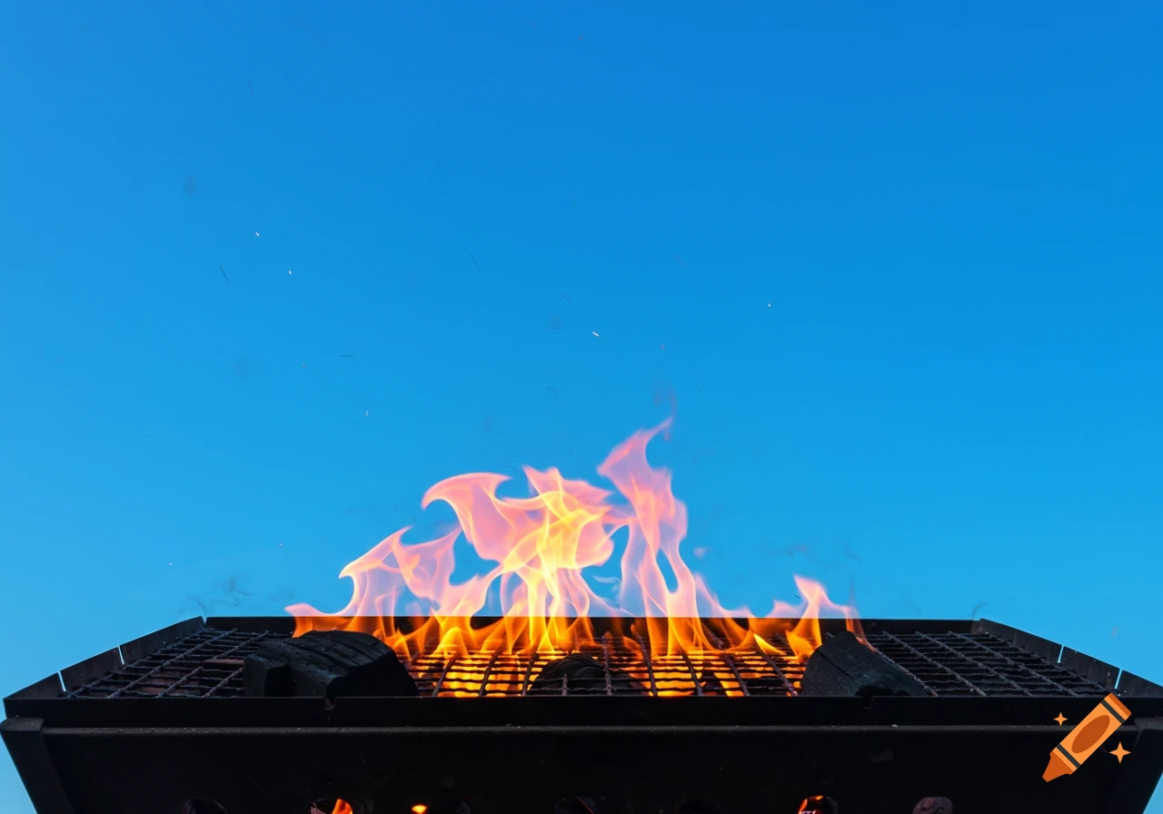 A low-angle shot of a lit charcoal barbecue grill with vibrant flames against a clear blue sky.