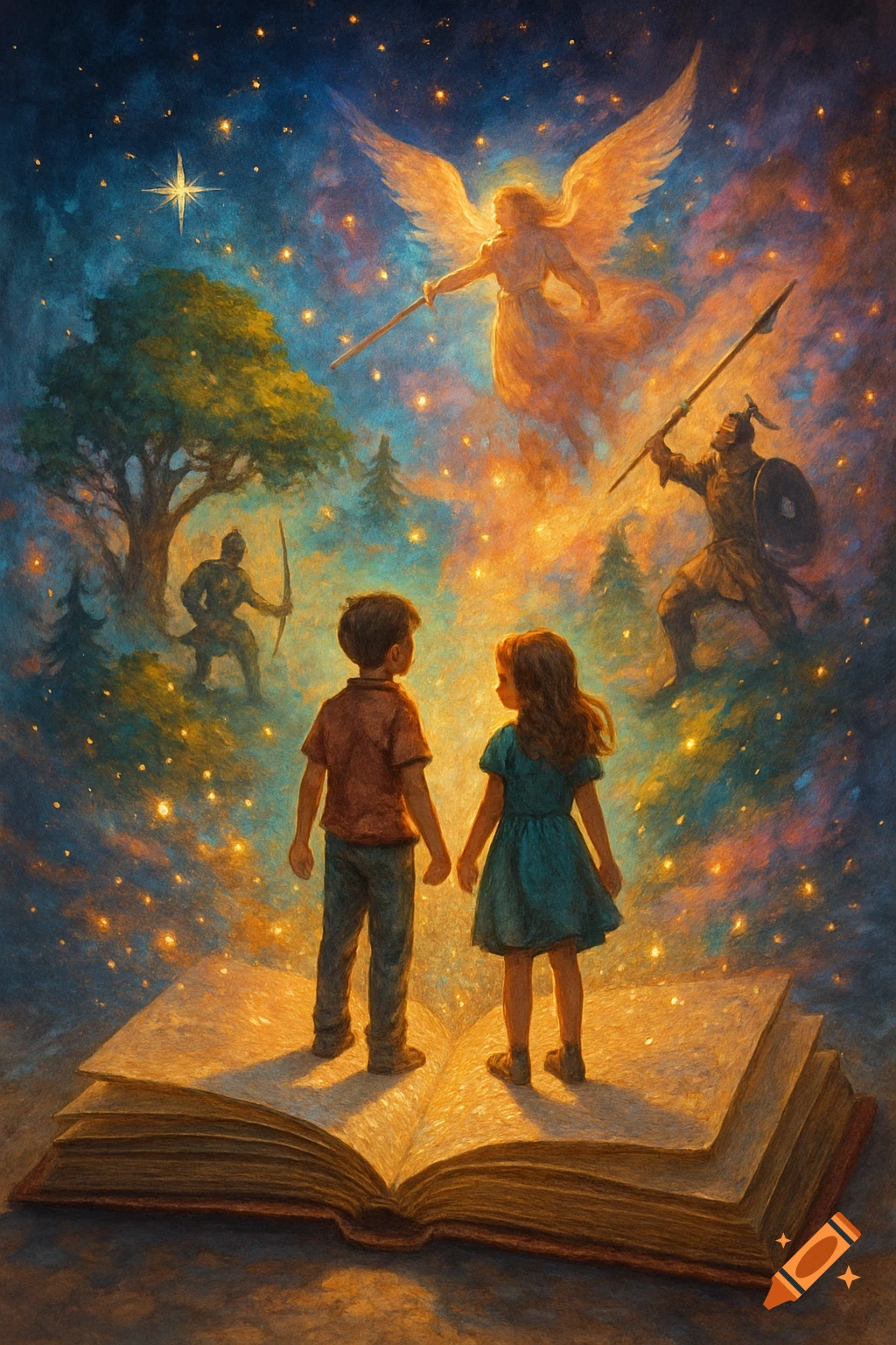 A boy and girl stand on an open book, looking up at a winged angel and warriors in a cosmic, sparkling landscape with trees.