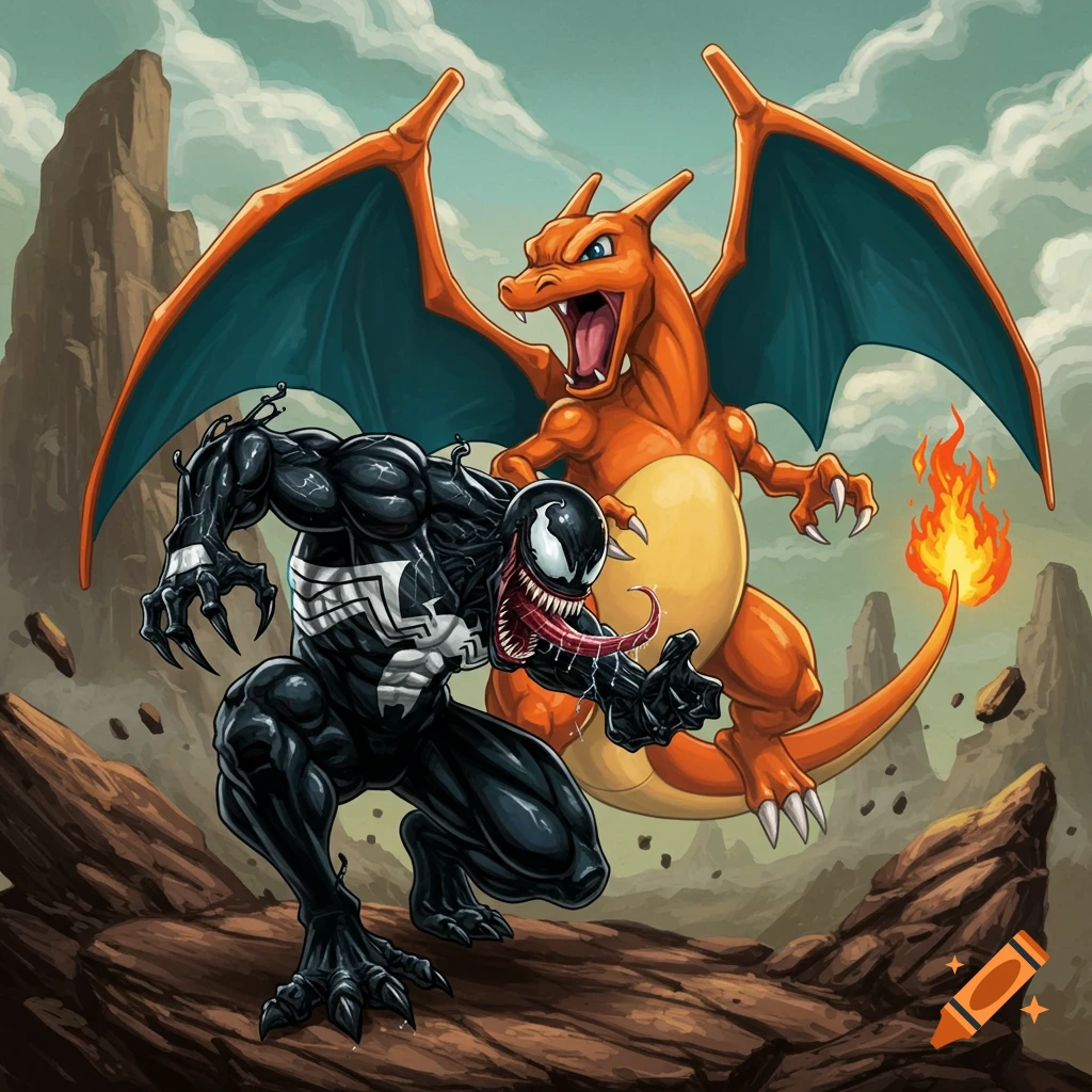 Venom and Charizard face off in a rocky landscape, rendered in a dynamic comic book art style.