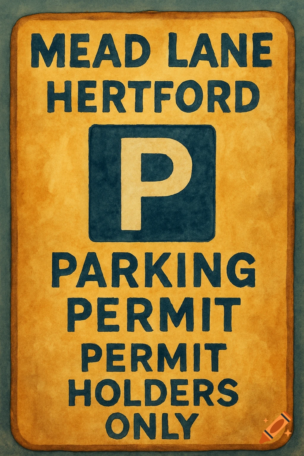 A yellow rectangular parking sign with blue text in a watercolor style. It reads "MEAD LANE HERTFORD" at the top, a large blue square with a white "P" in the middle, and "PARKING PERMIT PERMIT HOLDERS ONLY" at the bottom.