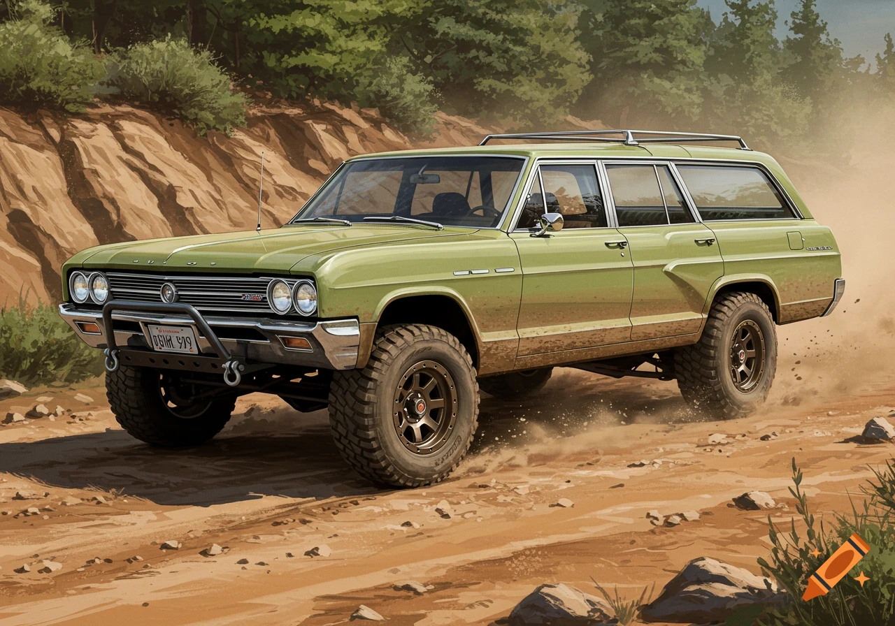 A vintage 1965 light green Buick Sport Wagon drives on a dusty dirt trail. The car is modified for off-road use with large tires and a brush guard. Hills and trees are in the background.